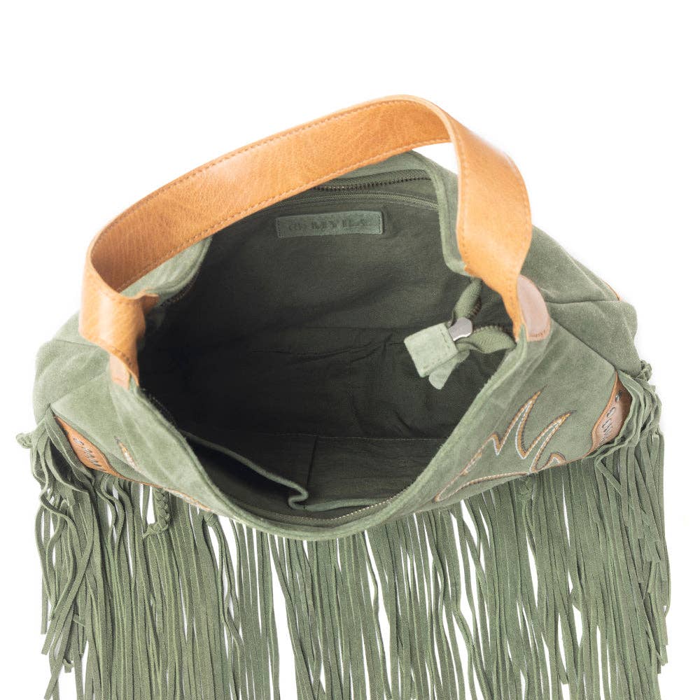 Myra - Sage Whisper Fringe Leather Bag in Green