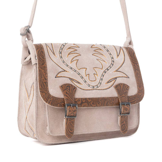 Myra - Amberwood Suede Leather Boot Embroidered Leather Bag in Amber
