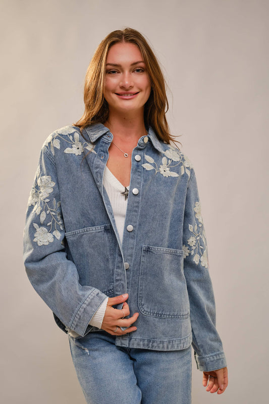 Bloom Denim Work Jacket With Floral Embroidery