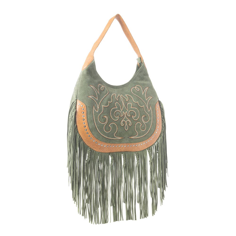 Myra - Sage Whisper Fringe Leather Bag in Green