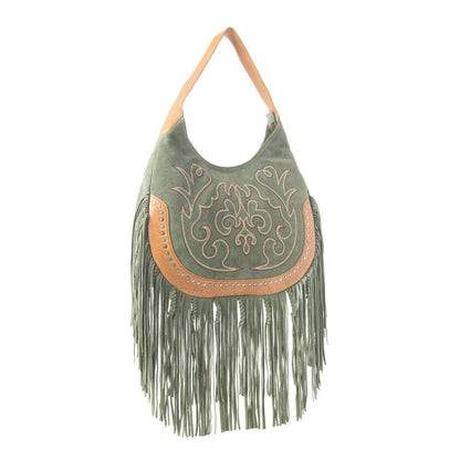 Myra - Sage Whisper Fringe Leather Bag in Green
