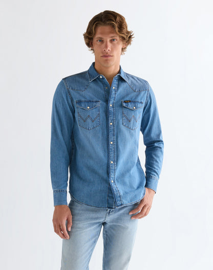Wrangler Regular Western Shirt - Mid Light Wash
