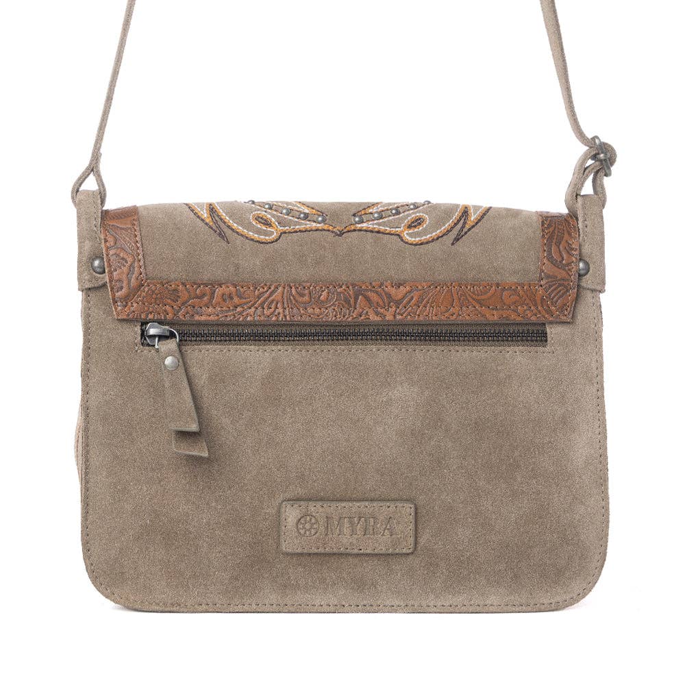 Amberwood Suede Leather Boot Embroidered Bag in Olive Taupe