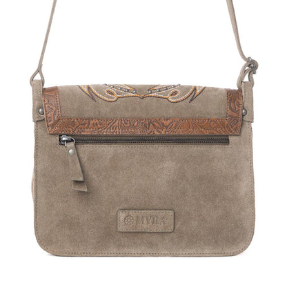 Amberwood Suede Leather Boot Embroidered Bag in Olive Taupe