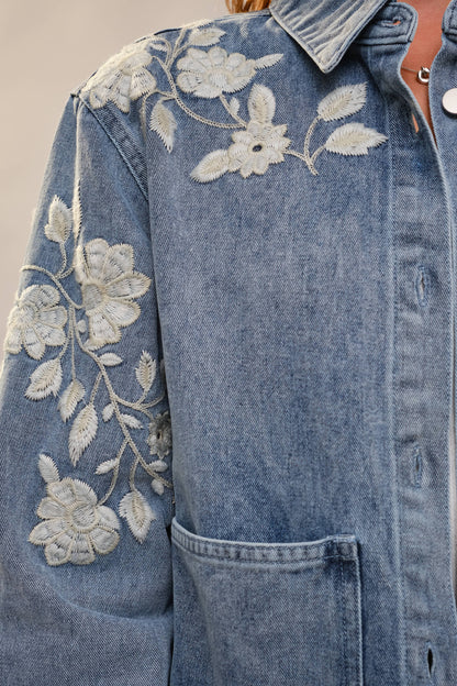 Bloom Denim Work Jacket With Floral Embroidery