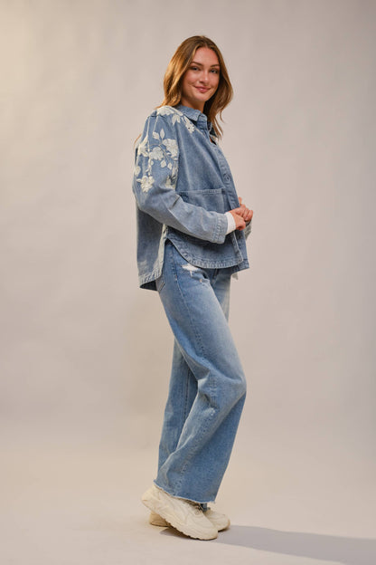 Bloom Denim Work Jacket With Floral Embroidery