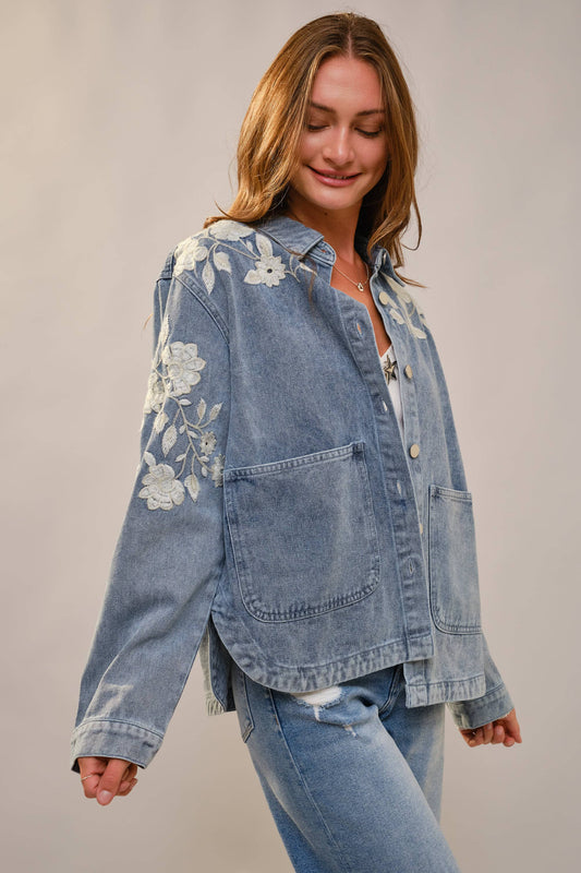 Bloom Denim Work Jacket With Floral Embroidery