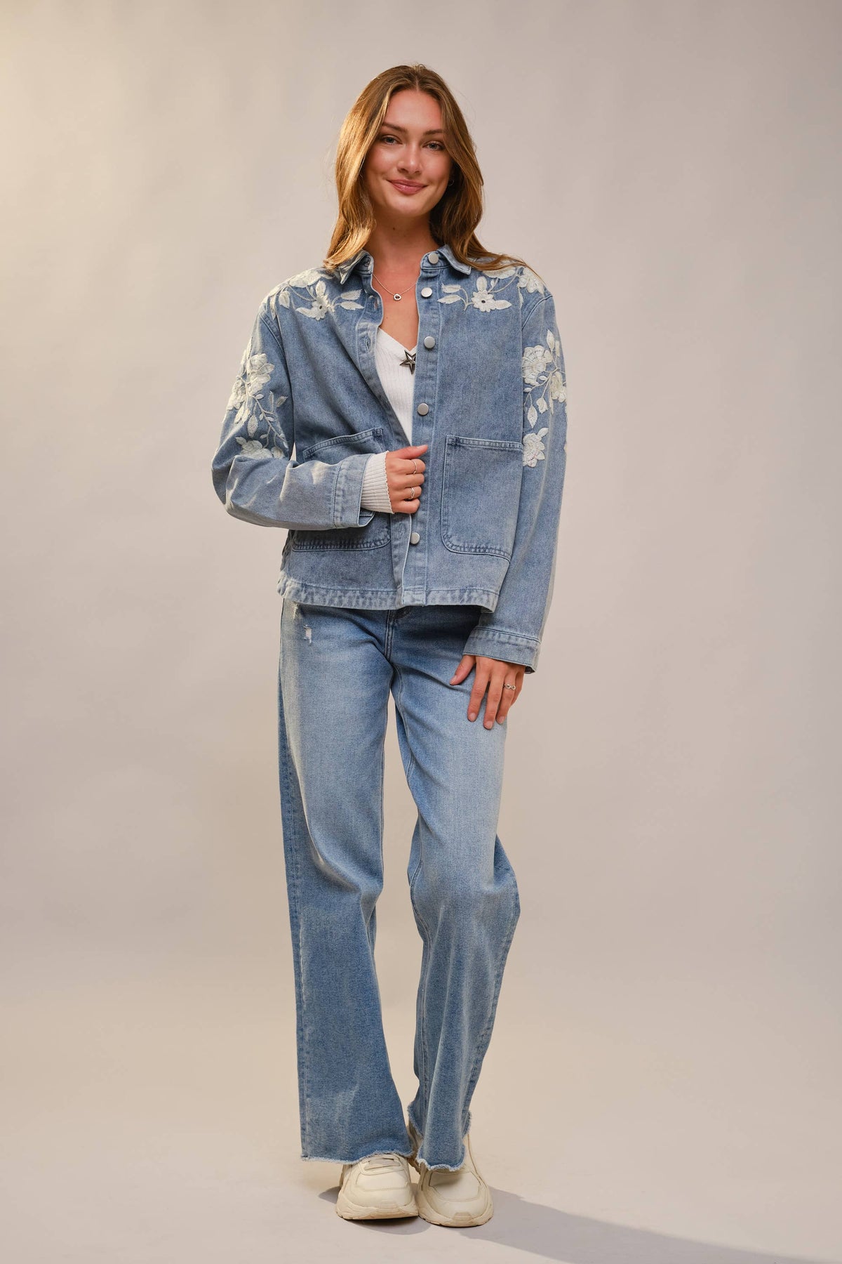 Bloom Denim Work Jacket With Floral Embroidery