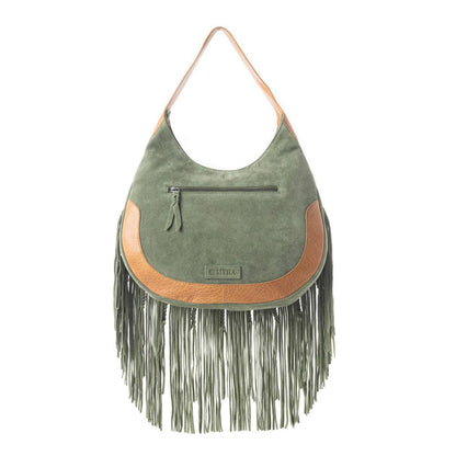Myra - Sage Whisper Fringe Leather Bag in Green