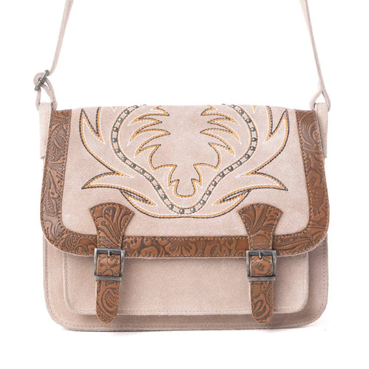 Myra - Amberwood Suede Leather Boot Embroidered Leather Bag in Amber
