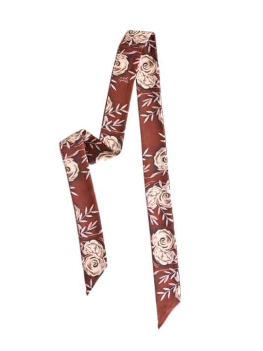 Rustic Wild Roses Twilly Scarf in Oxblood: Western Floral Cowgirl Satin Chiffon Scarf