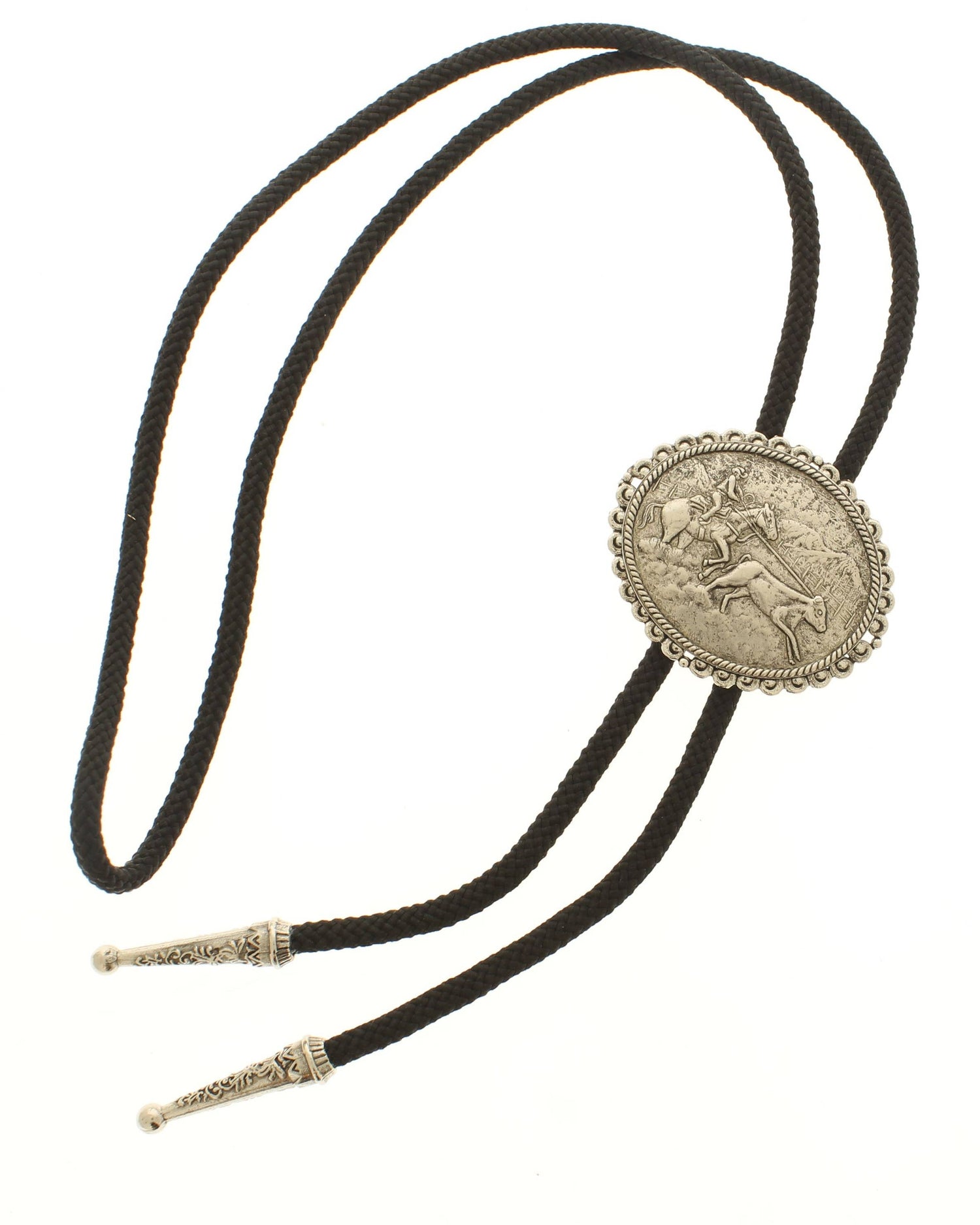 Silver Saddle Bolo Tie i silver och svart cord hos Wagon Wheel Supply Co.