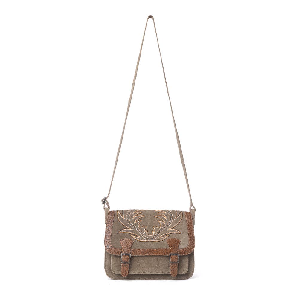 Amberwood Suede Leather Boot Embroidered Bag in Olive Taupe