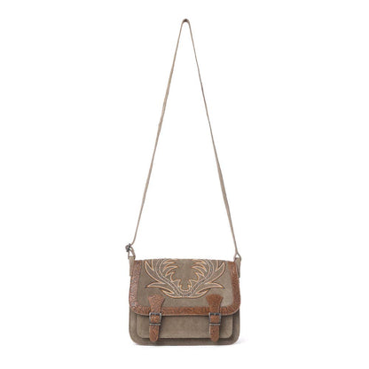 Amberwood Suede Leather Boot Embroidered Bag in Olive Taupe