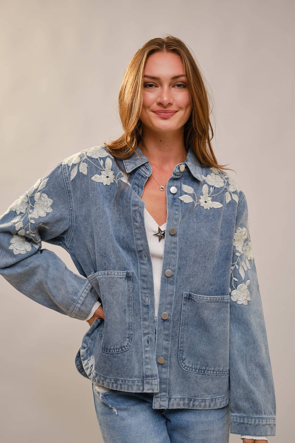 Bloom Denim Work Jacket With Floral Embroidery