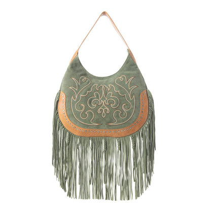 Myra - Sage Whisper Fringe Leather Bag in Green