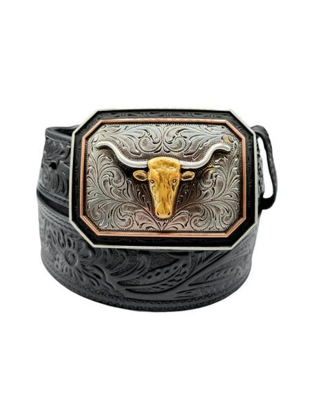 Ariat® Herr Svart Blomsterpräglat Bälte med Longhorn-spänne